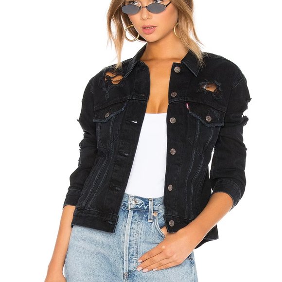 Levi's Black Destroyed Ex Boyfriend Trucker Denim Jacket - Picture 1 of 8
